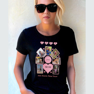 Personalised Photo LOVE you MOM with Hearts Black  T-Shirt