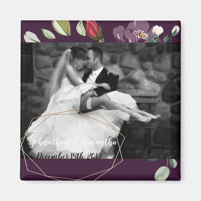 Personalised Photo Magnet Plum Purple Roses Gold G (Front)