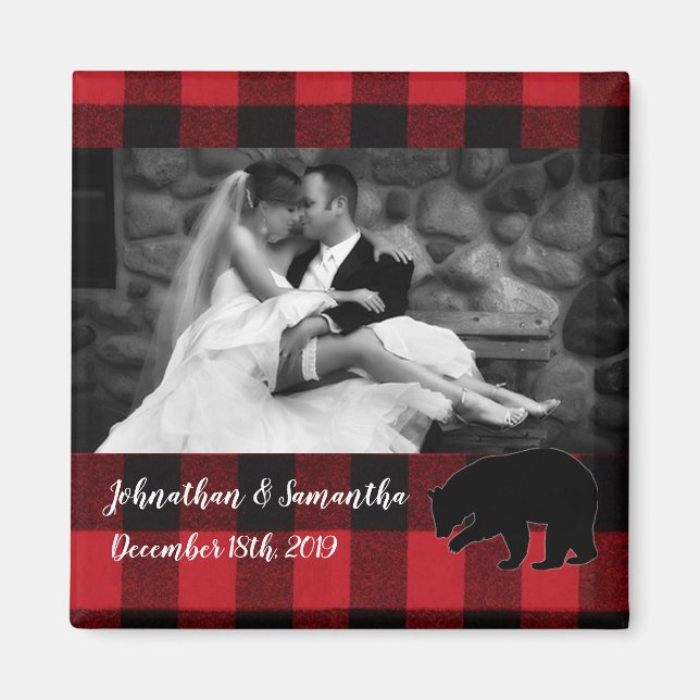 Personalised Photo Magnet Red Buffalo Plaid Bear (Front)