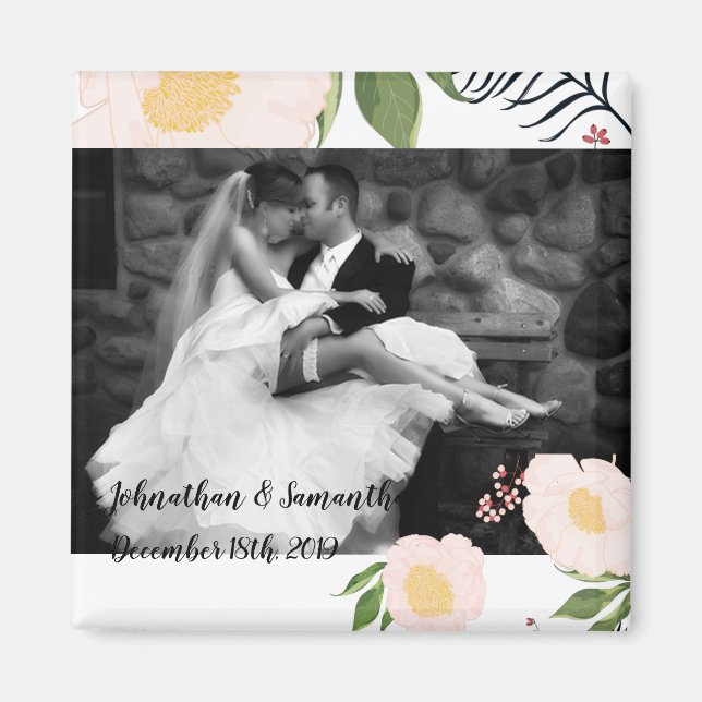 Personalised Photo Magnet White Floral Flowers on (Front)