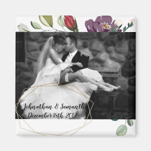 Personalised Photo Magnet White Roses Gold Geometr