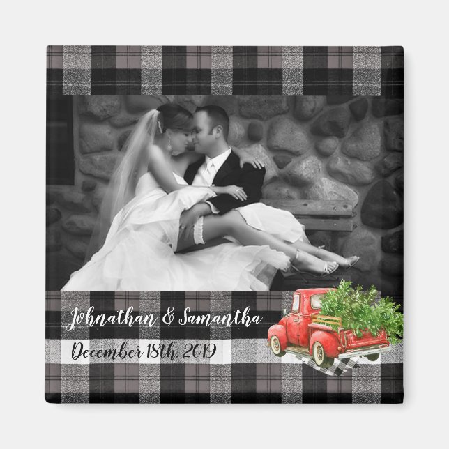 Personalised Photo Magnet XMAS Truck Baffalo Plaid (Front)