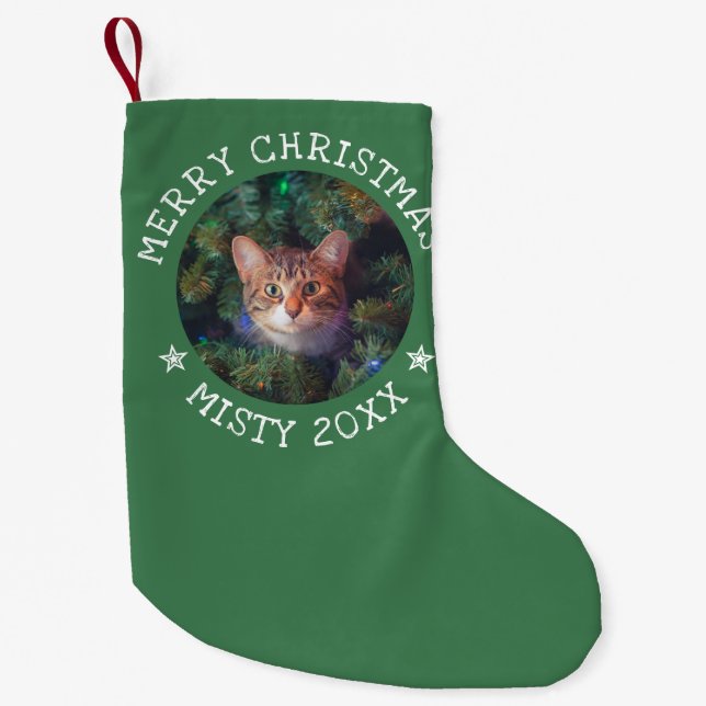 Personalised Photo Merry Christmas Cat Cute Pet Small Christmas Stocking (Front)