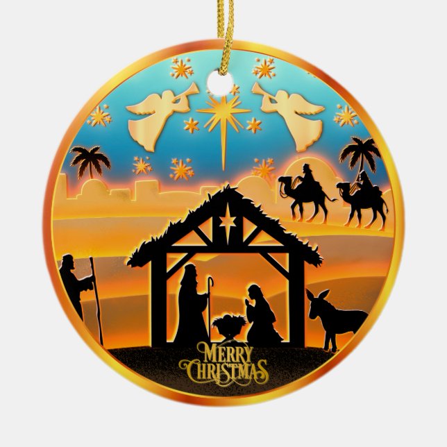 Personalised Photo "Merry Christmas" Nativity Ceramic Ornament (Front)