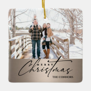 Personalised Photo Merry Christmas Script Family  Ceramic Ornament