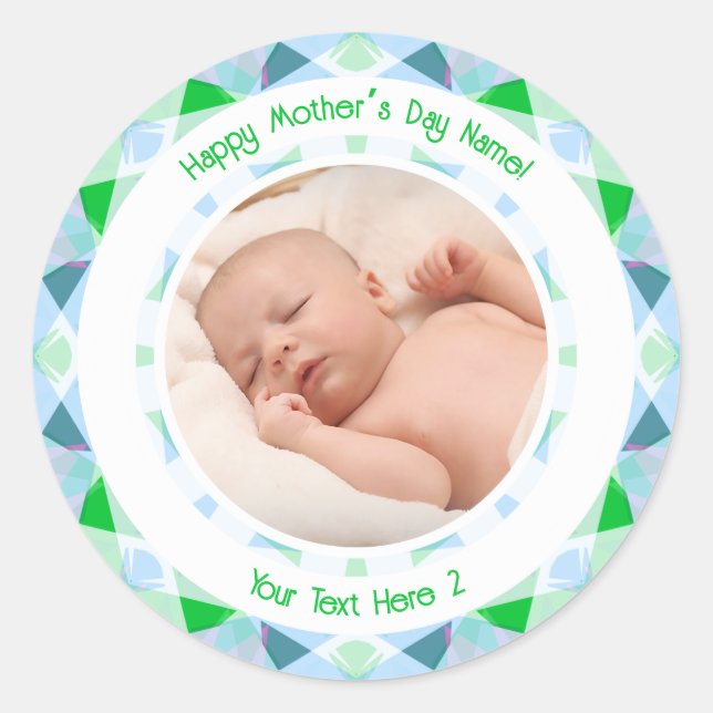 Personalised Photo Message Blue Green Mother’s Day Classic Round Sticker (Front)
