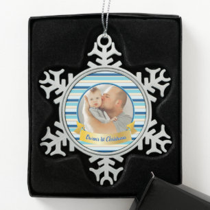 Personalised Photo Modern Stripe Teal and Blue Snowflake Pewter Christmas Ornament