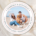Personalised Photo Modern Wedding Return Address Classic Round Sticker<br><div class="desc">Add the finishing touch to your wedding invitations with these custom photo, and personalised address labels. Customise with your favourite photo, names, and address. These simple address labels can be used for any and all occasions. COPYRIGHT © 2020 Judy Burrows, Black Dog Art - All Rights Reserved. Personalised Photo Modern...</div>