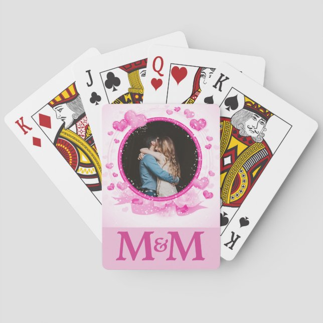 Personalised Photo Monogram Hearts Pink Wedding Playing Cards (Back)
