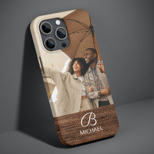 Personalised Photo Monogram Warm Brown Wood Grain iPhone 13 Case