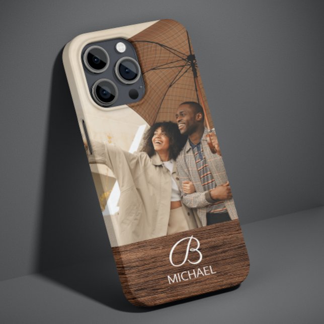 Personalised Photo Monogram Warm Brown Wood Grain Case-Mate iPhone Case (Creator Uploaded)
