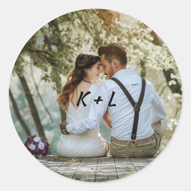 Personalised Photo Monogram Wedding Classic Round Sticker (Front)