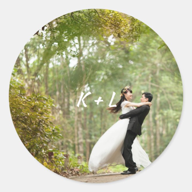 Personalised Photo Monogram Wedding Classic Round Sticker (Front)