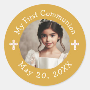 Personalised Photo My First Communion Floral Cross Classic Round Sticker