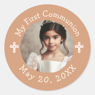 Personalised Photo My First Communion Floral Cross Classic Round Sticker