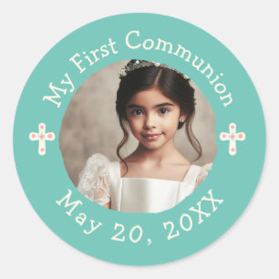 Personalised Photo My First Communion Floral Cross Classic Round Sticker
