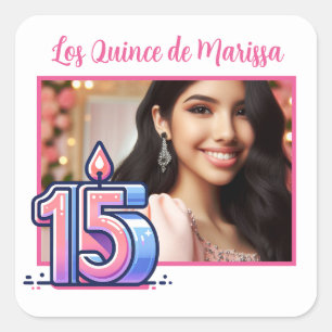 Personalised Photo Name 15th Birthday Los Quince  Square Sticker