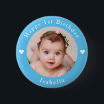 Personalised Photo, Name, Age Birthday Baby Blue 6 Cm Round Badge<br><div class="desc">Adorable personalised photo,  name and age birthday baby blue button.</div>