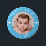 Personalised Photo, Name, Age Birthday Baby Blue 6 Cm Round Badge<br><div class="desc">Adorable personalised photo,  name and age birthday baby blue button.</div>