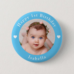 Personalised Photo, Name, Age Birthday Baby Blue 6 Cm Round Badge