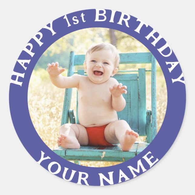 Personalised Photo, Name And Age Birthday Classic Round Sticker (Front)