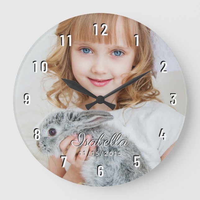 Personalised Photo Name Birth Date White Numbers Large Clock (Front)
