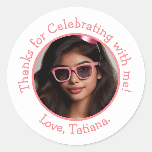 Personalised Photo Name Birthday Thank You Favours Classic Round Sticker (Front)