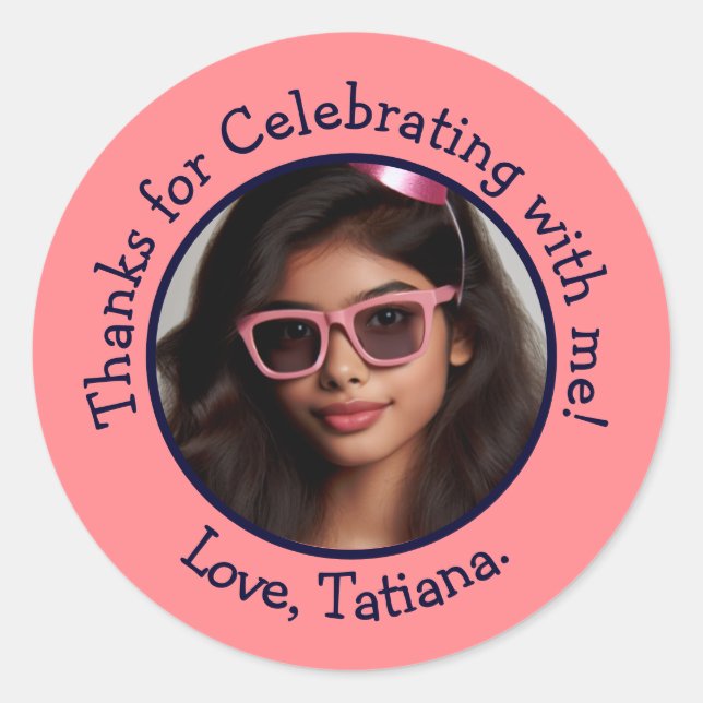 Personalised Photo Name Birthday Thank You Favours Classic Round Sticker (Front)