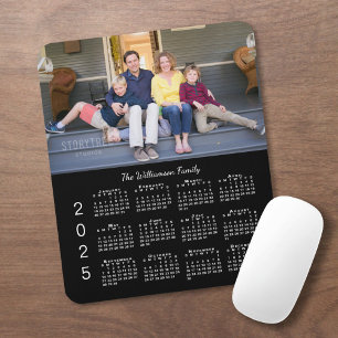 Personalised Photo Name Black 2025 Calendar Mouse Pad