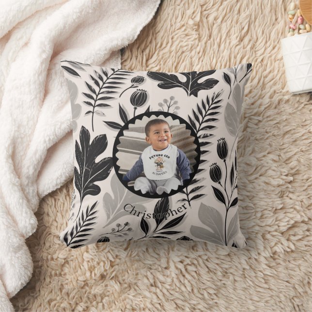 Personalised Photo & Name Botanical Throw Pillow (Blanket)