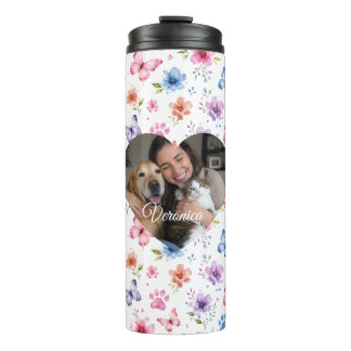 Personalised Photo & Name Floral Patter Cat Lover Thermal Tumbler