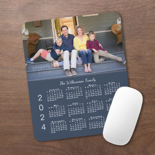 Personalised Photo Name Navy Blue 2024 Calendar Mouse Pad