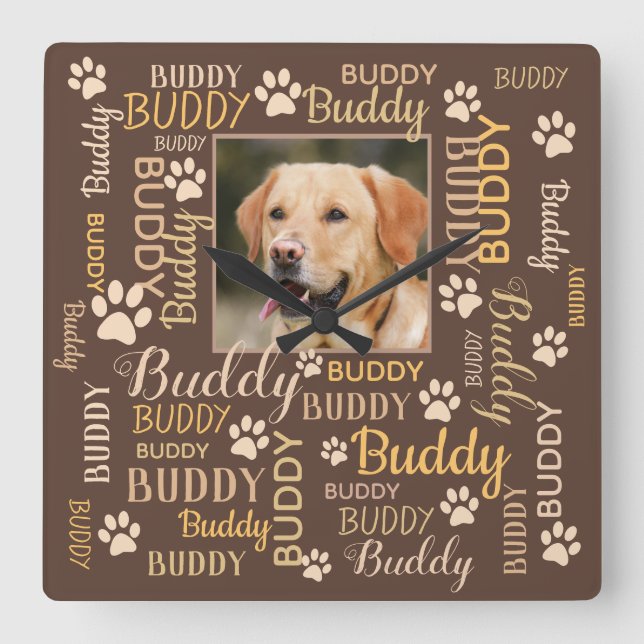 Personalised Photo Names | Brown Dog Square Wall Clock (Front)