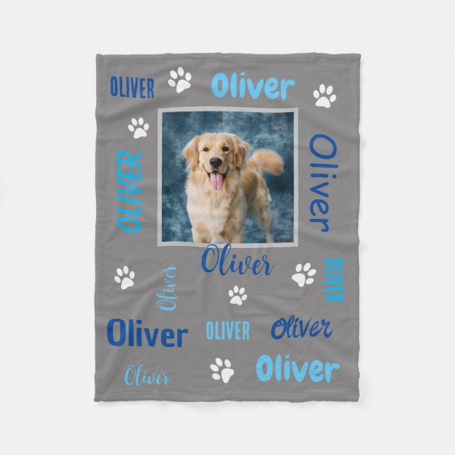 Personalised Photo Names | Grey Dog Fleece Blanket (Front)