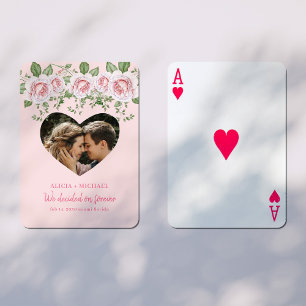 Personalised photo names newlyweds love heart playing cards