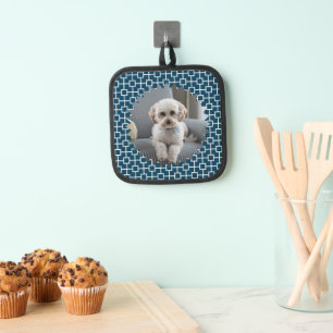 Personalised Photo on Blue Geometric Backdrop Pot Holder