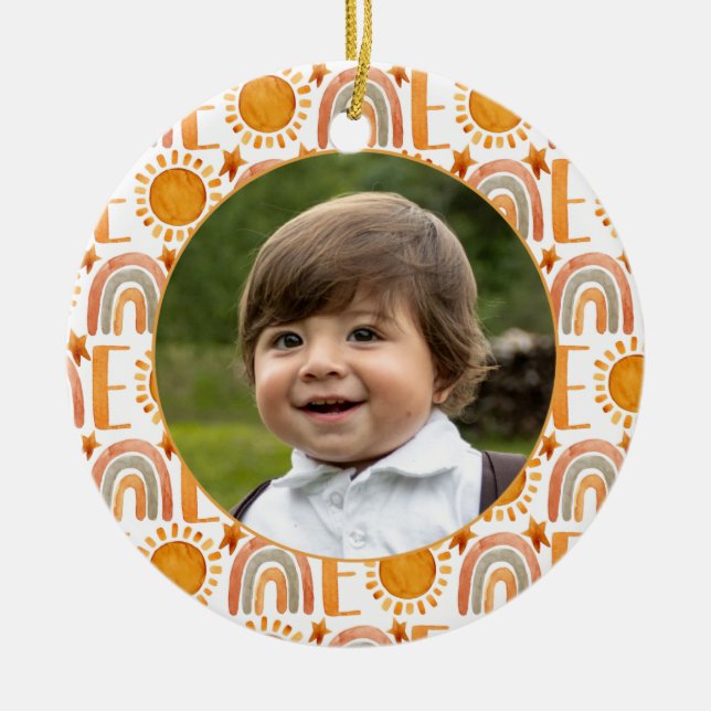 Personalised Photo "One" Rainbow & Sunshine Ceramic Ornament (Front)