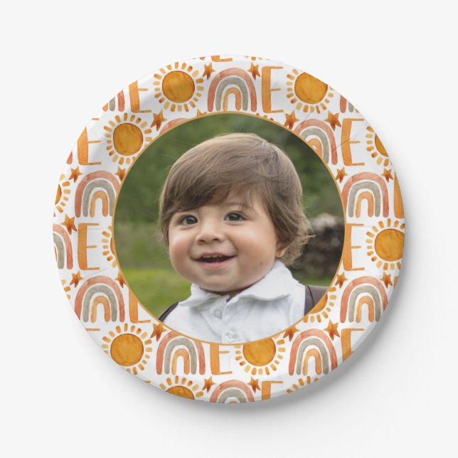 Personalised Photo "One" Rainbow & Sunshine Paper Plate (Front)