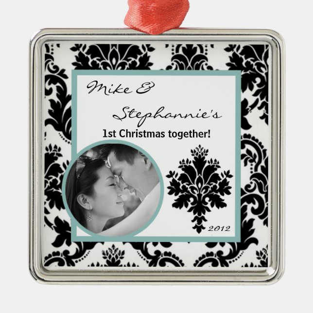 Personalised Photo Ornament Black Damask (Front)
