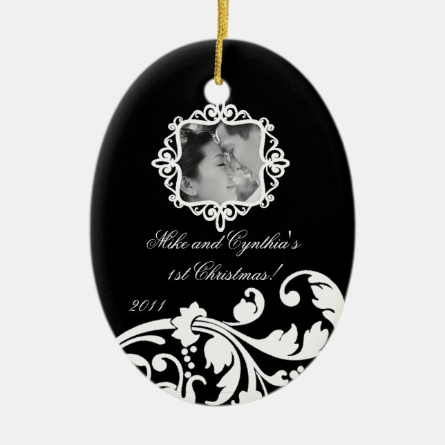 Personalised Photo Ornament Black White Floral (Front)