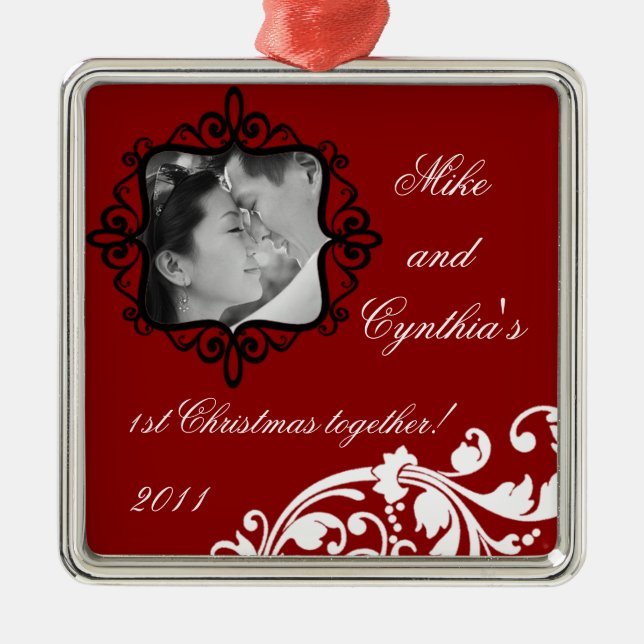 Personalised Photo Ornament Crimson Red Floral (Front)