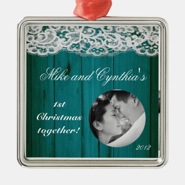 Personalised Photo Ornament Distrissed Teal Wood (Front)