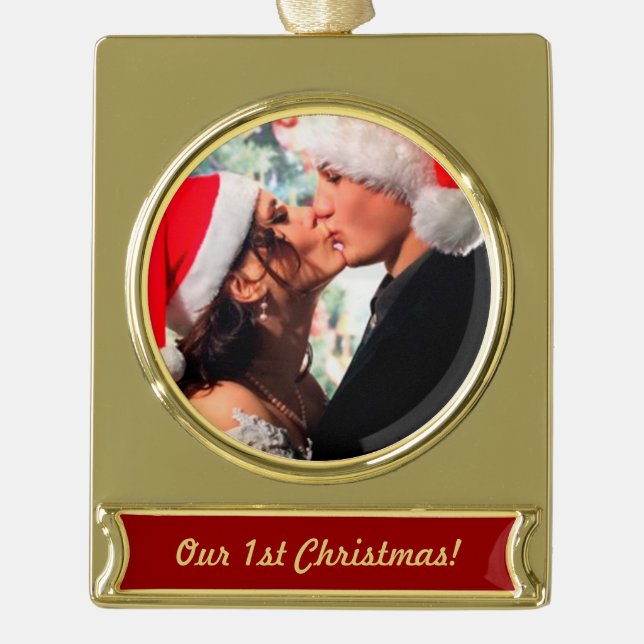 Personalised Photo "our 1st Christmas" Gold Plated Banner Ornament (Front)