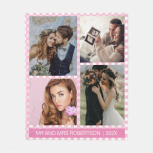 Personalised Photo Pink and White Gingham Plaid  Fleece Blanket