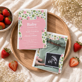 Personalised Photo Pink Berry Sweet Baby Shower Invitation
