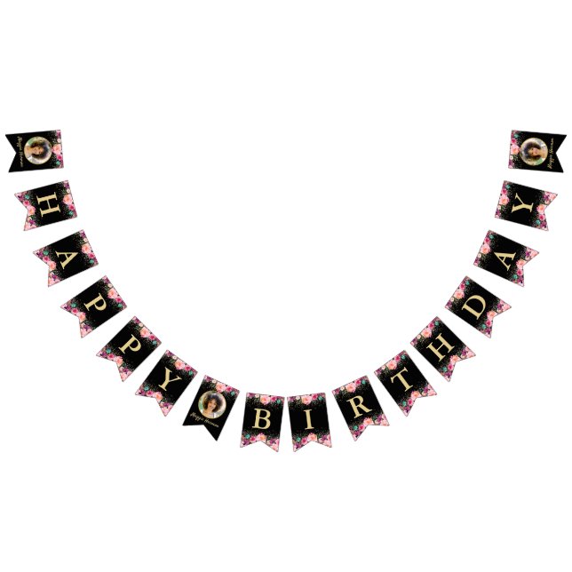 Personalised Photo Pink Floral Black Gold Birthday Bunting (All)