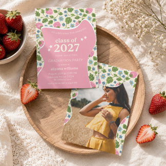Personalised Photo Pink Floral Graduation  Invitation