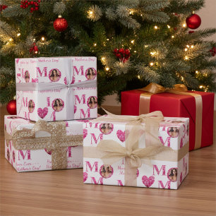 Personalised Photo Pink Floral Lettering Heart Mum Wrapping Paper