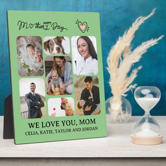 Personalised Photo Plaque Gift for Mum Keepsake (Personalized Mom's Day Gift: 7-Photo Collage Green Plaque with Easel)