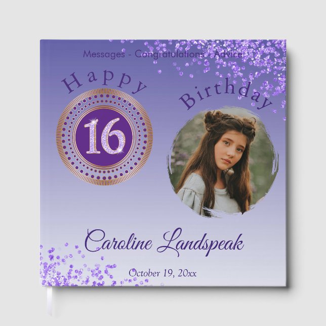 Personalised Photo Purple Glitter, 16th Birthday Guest Book (Front)